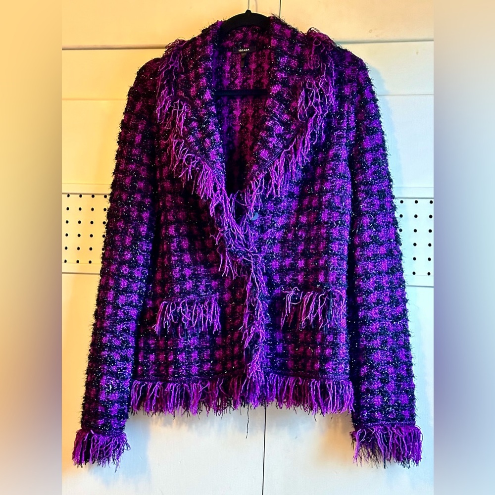Purple and Black Tinsel Fringe Escada Jacket - Size 10.